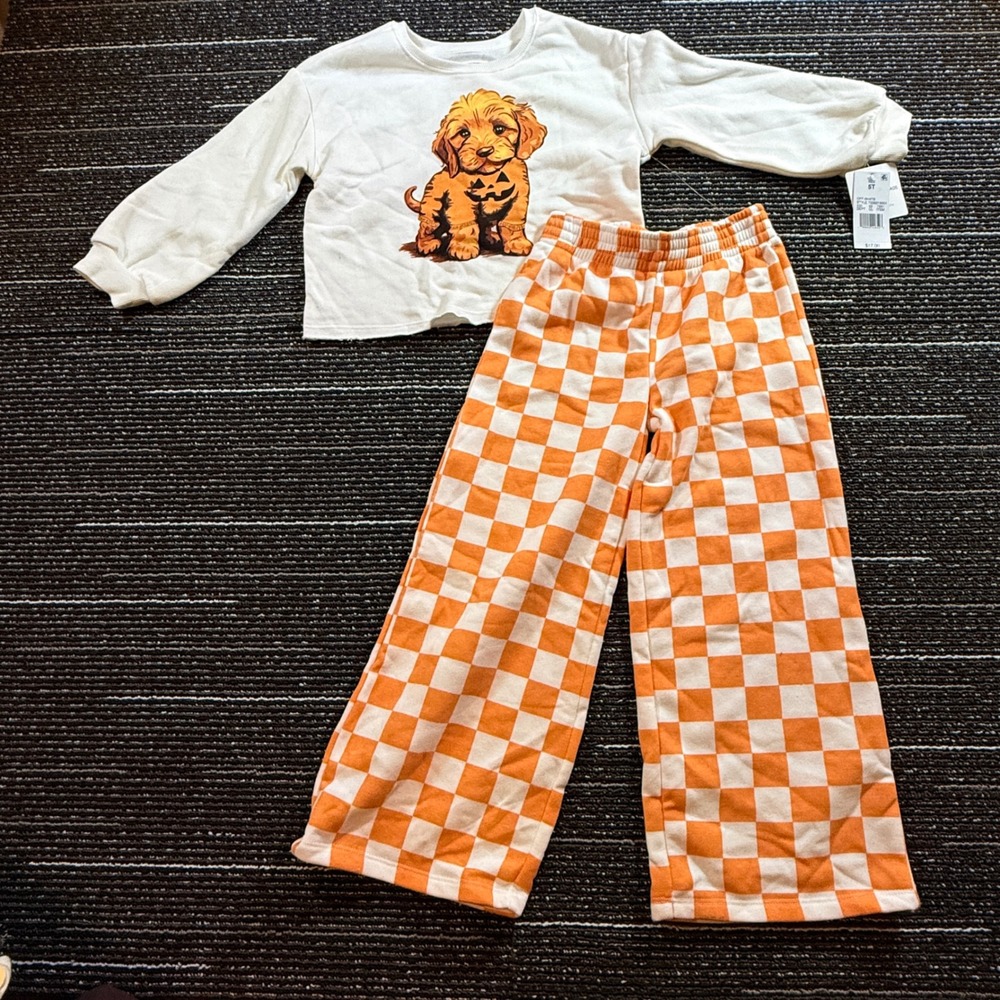 Grayson Threads Mini Halloween Puppy Outfit Kids 5T NWT Pumpkin Checkered Set